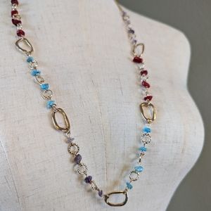 Bancroft NWT rainbow purple red and blue long necklace with gold accents vintage